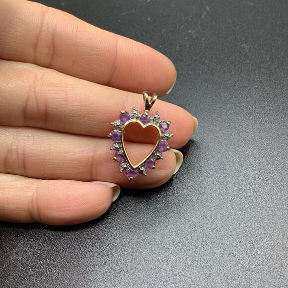 Gold Over Sterling Silver Heart Pendant with Purple Amethysts Stones Birthstone - Picture 2 of 3